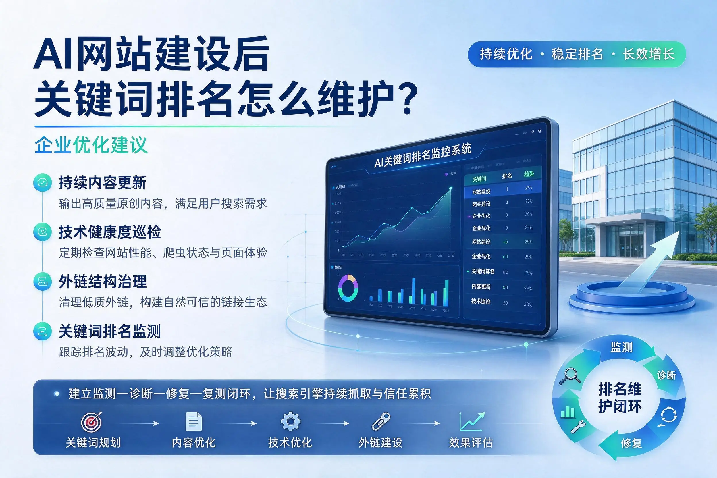AI网站建设后关键词排名怎么维护?普洱企业优化建议